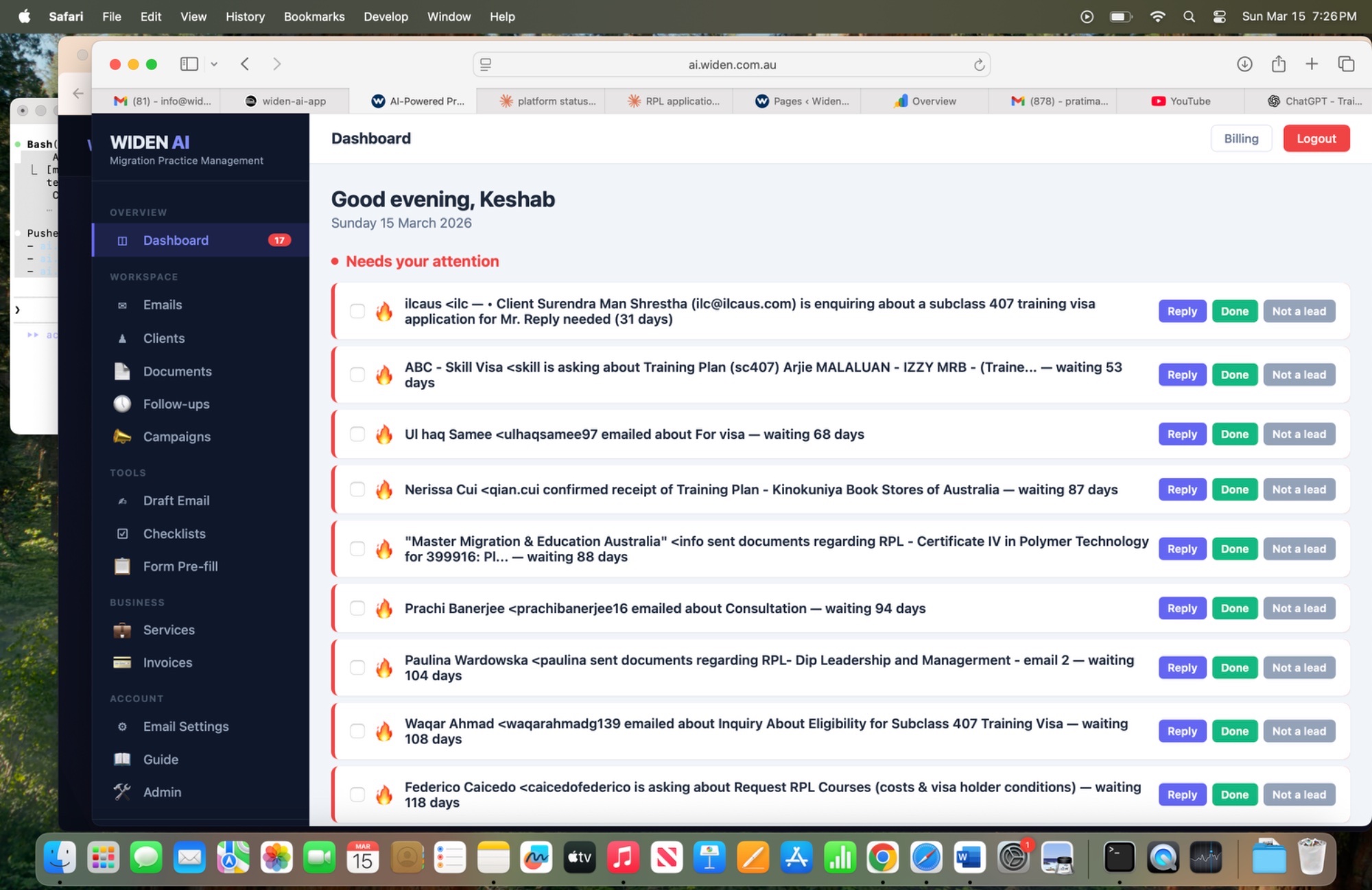 WIDEN AI Command Centre with drafted replies waiting in the Drafts folder